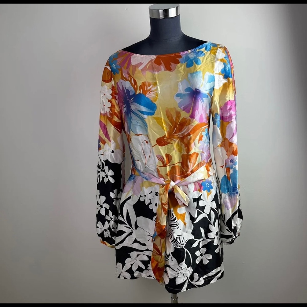 Caché Floral Print Multicolor Long Sleeve Scoop Neck Silk Blouse Size M - Picture 2 of 9